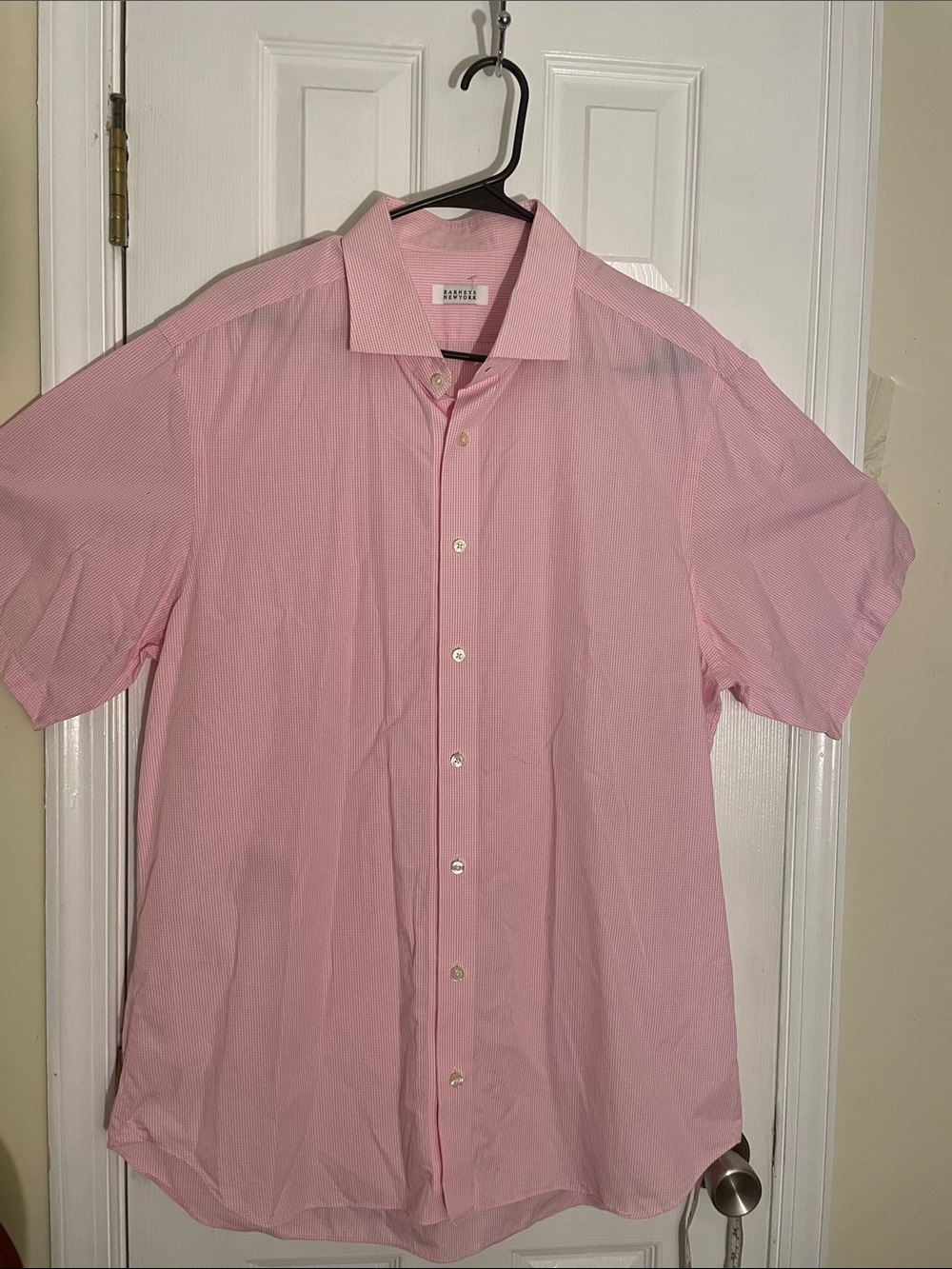 Barney’s New York Mens Rose /white pinstriped SS Shirt 18L